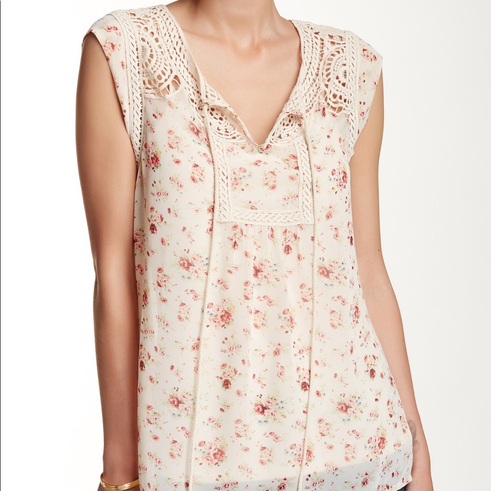 Daniel Rainn Crochet Accented Cap Sleeve Blouse
